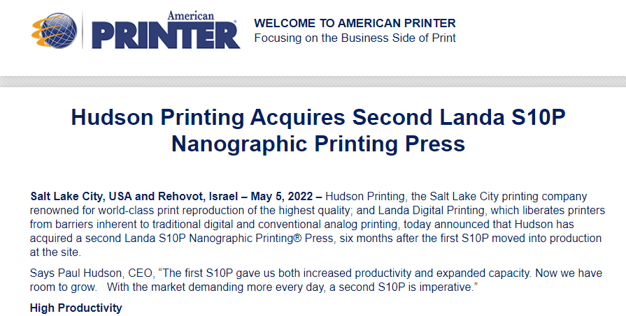 Hudson Printing Acquires Second Landa S10P Nanographic Printing Press