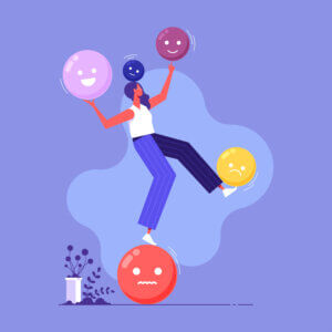 image of person standing on ball holding balls with foot and hands trying to stay balanced in the digital marketing age with print capturing audience engagement