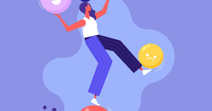 image of person standing on ball holding balls with foot and hands trying to stay balanced in the digital marketing age with print capturing audience engagement