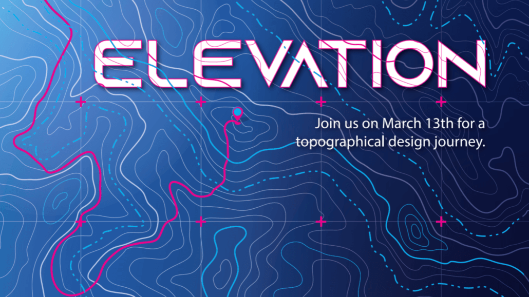 Elevation Event header on topographical map featuring March 13 event invitation