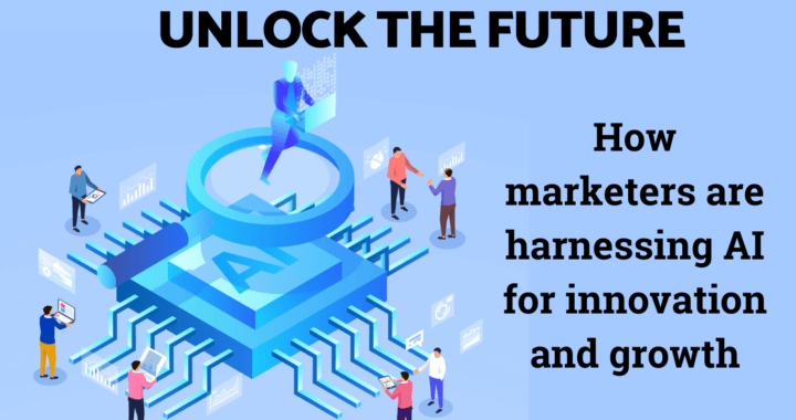 light blue background with paired up employees next to a circuit with the title and subtitle of the article Unlock the future - how marketers are harnessing AI for innovation and growth